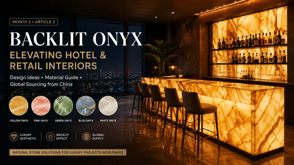 Backlit onyx bar counter and illuminated onyx wall panels in a luxury hotel and retail interior setting