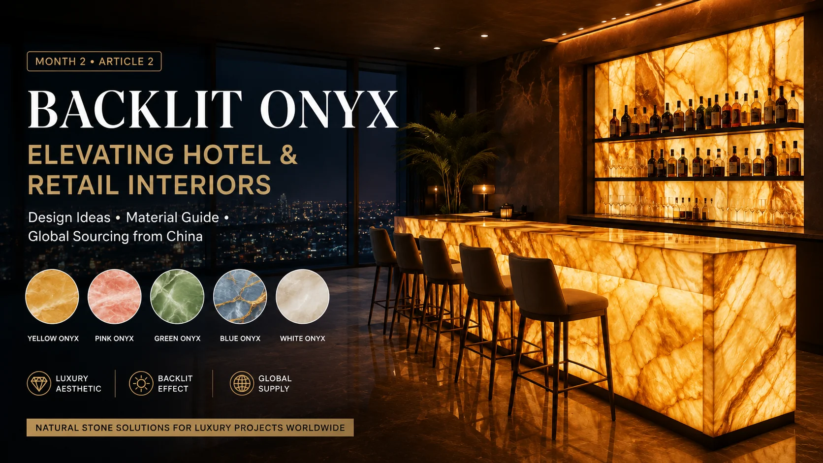 Backlit onyx bar counter and illuminated onyx wall panels in a luxury hotel and retail interior setting