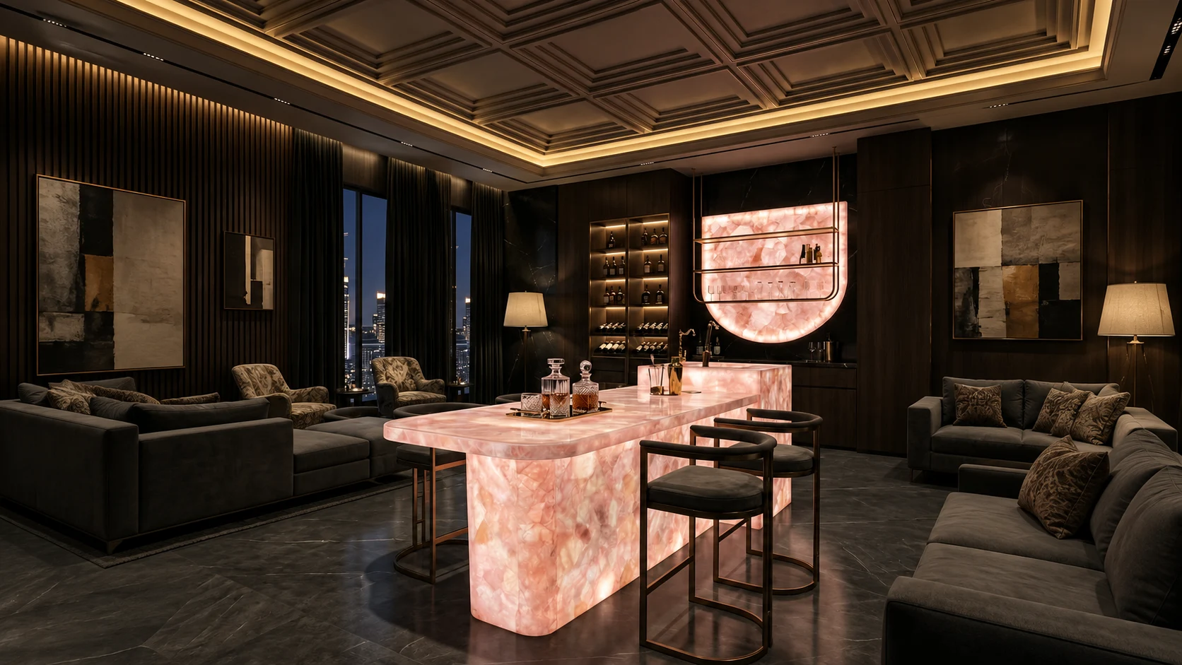 Backlit onyx bar counter in pink onyx for luxury hospitality interiors