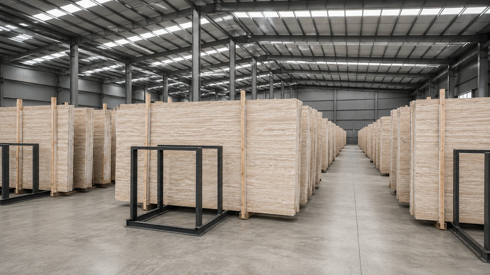 Beige travertine slabs in a warehouse for project material selection and batch review