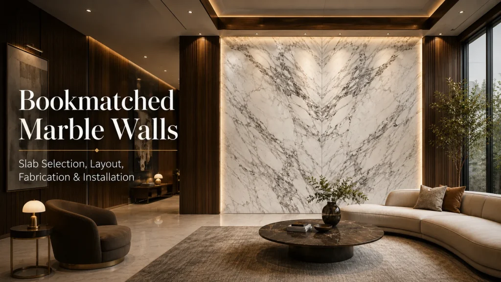 Luxury interior with bookmatched marble feature wall, warm wood panels, soft lighting, and elegant lounge furniture for high-end residential or hotel design.