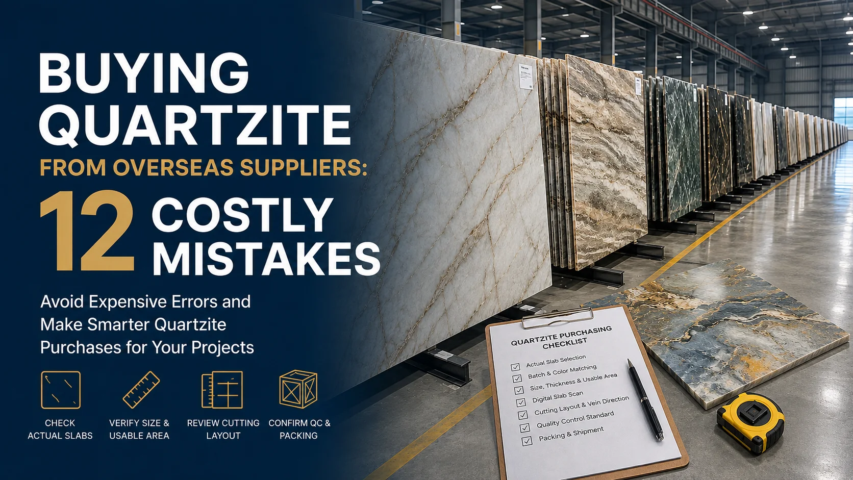 Buying quartzite from overseas suppliers with slab warehouse and purchasing checklist