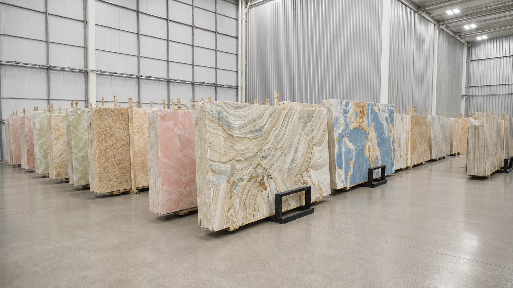 Colorful natural onyx slabs in a warehouse for luxury interior material selection