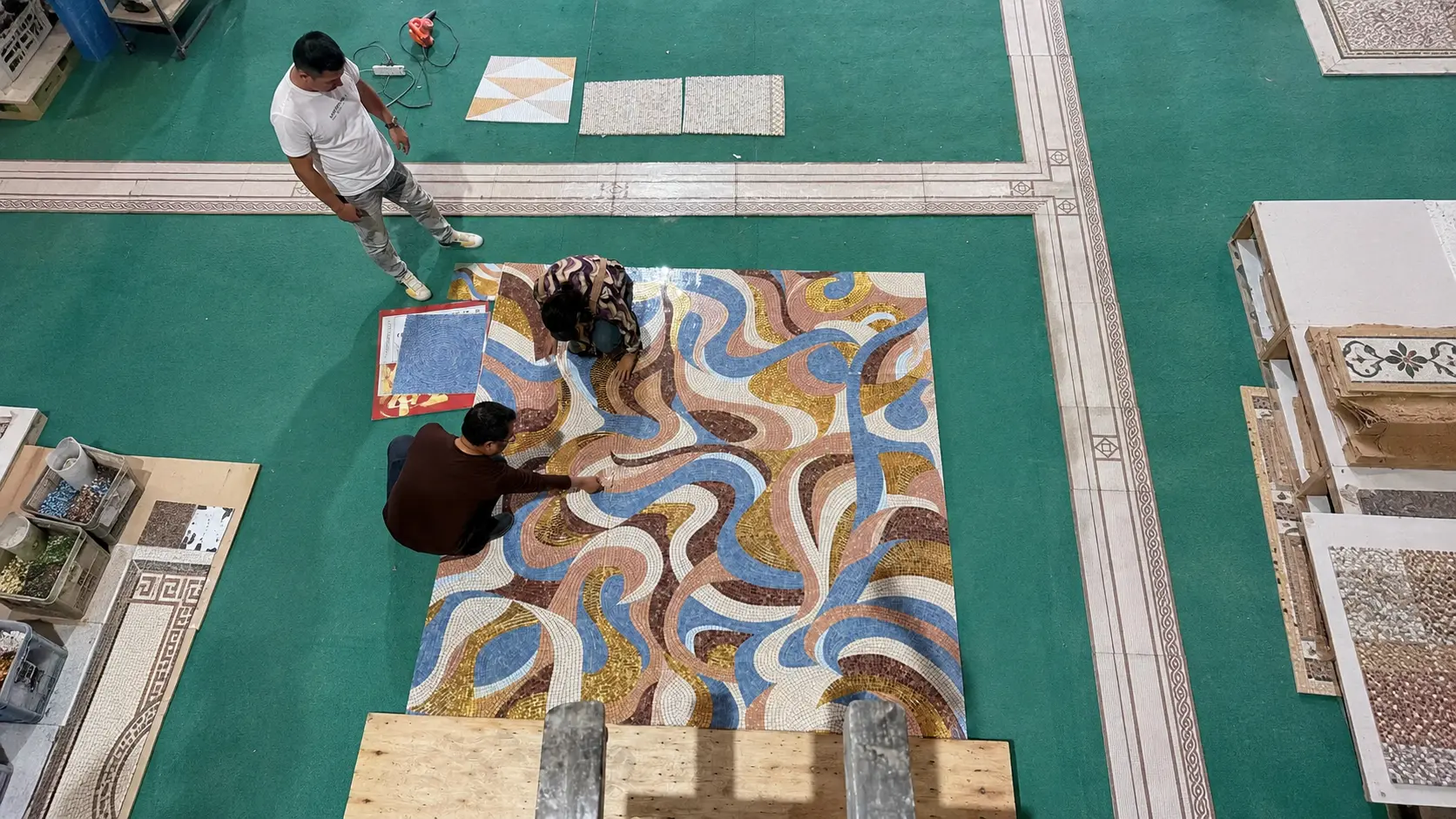 Custom Multicolor Marble Mosaic Dry-Lay Inspection Natural stone supplier dry-lay inspection for a custom multicolor marble mosaic project