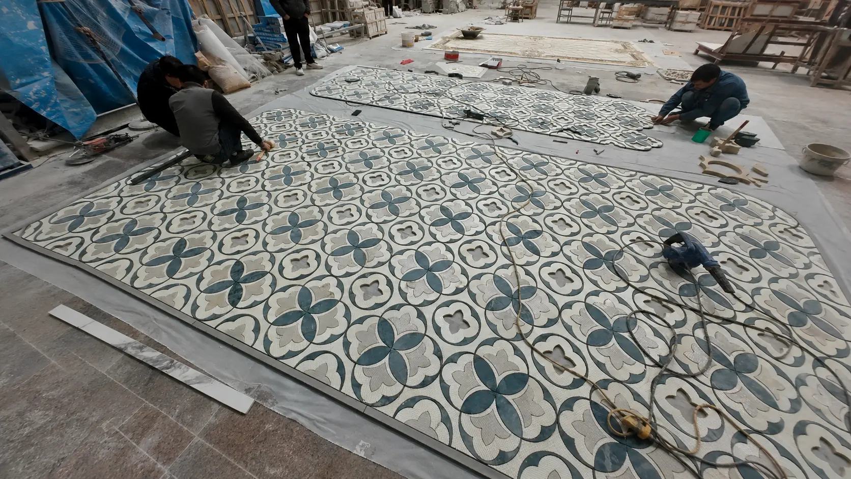 Dry-Lay Inspection for Custom Marble Mosaic Dry-lay inspection for a custom marble mosaic before packing and installation