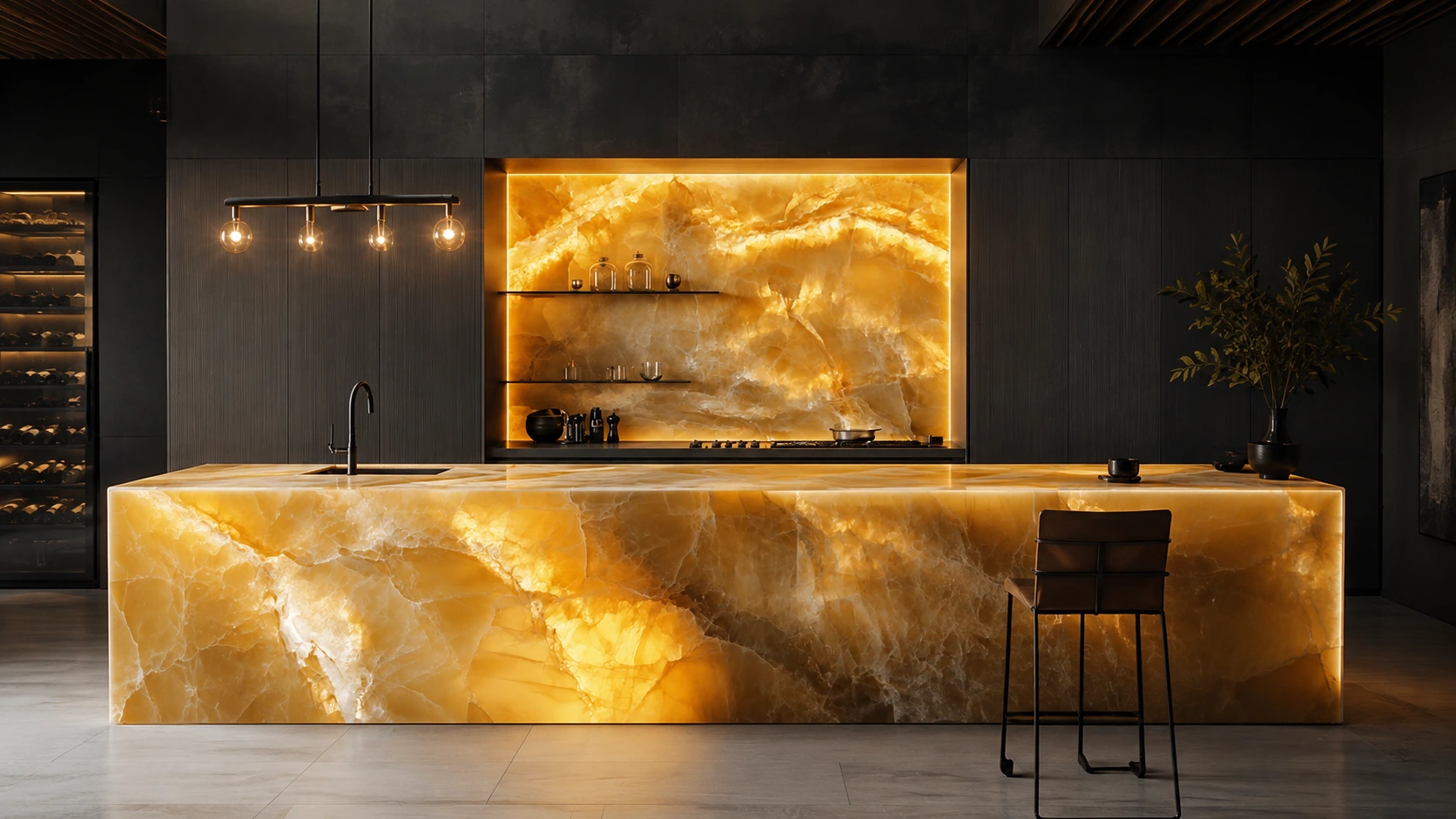 Luxury backlit amber onyx island and backsplash design showing illuminated stone effect