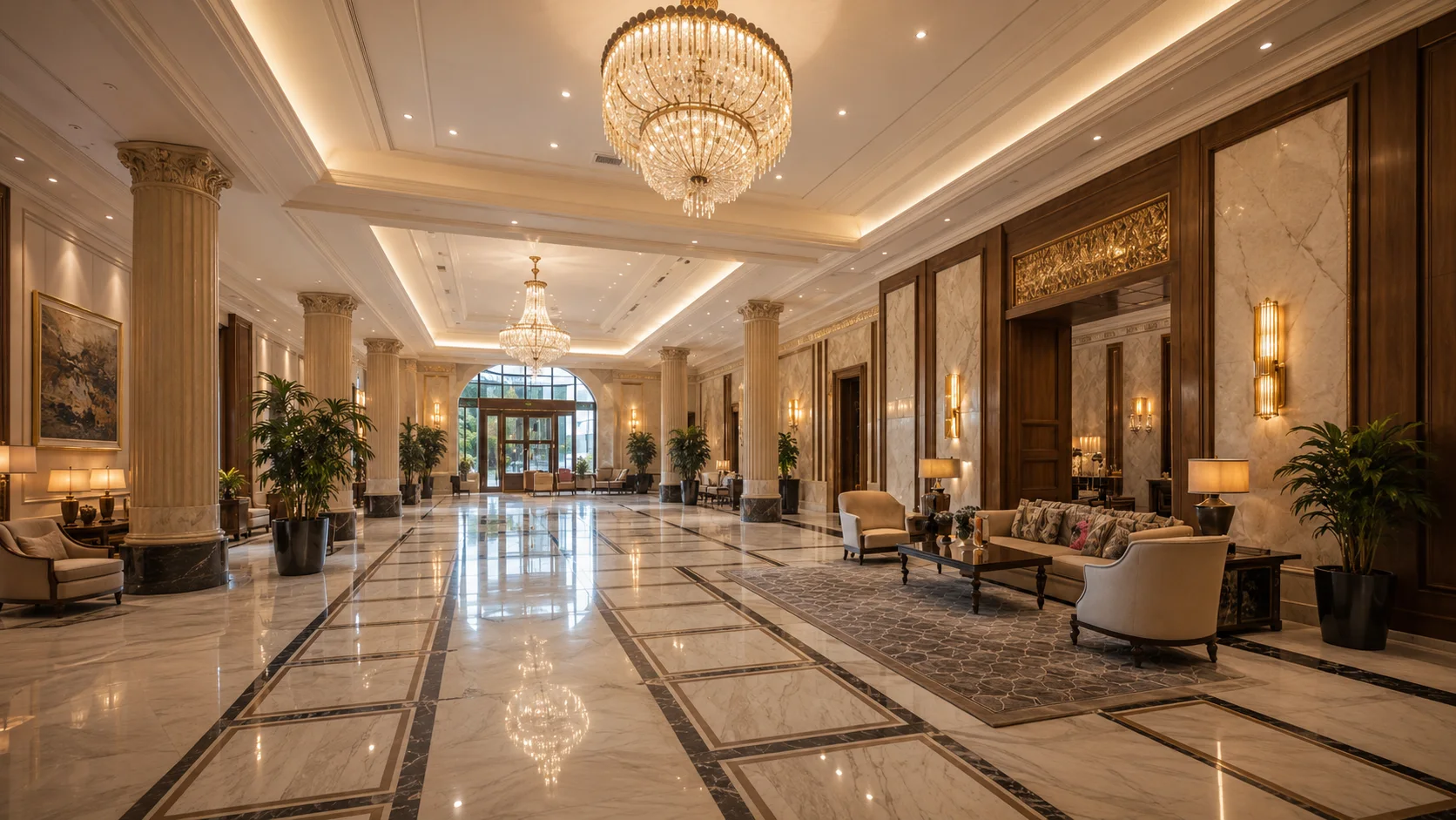Natural stone flooring for hotels with polished marble flooring in a luxury hotel lobby