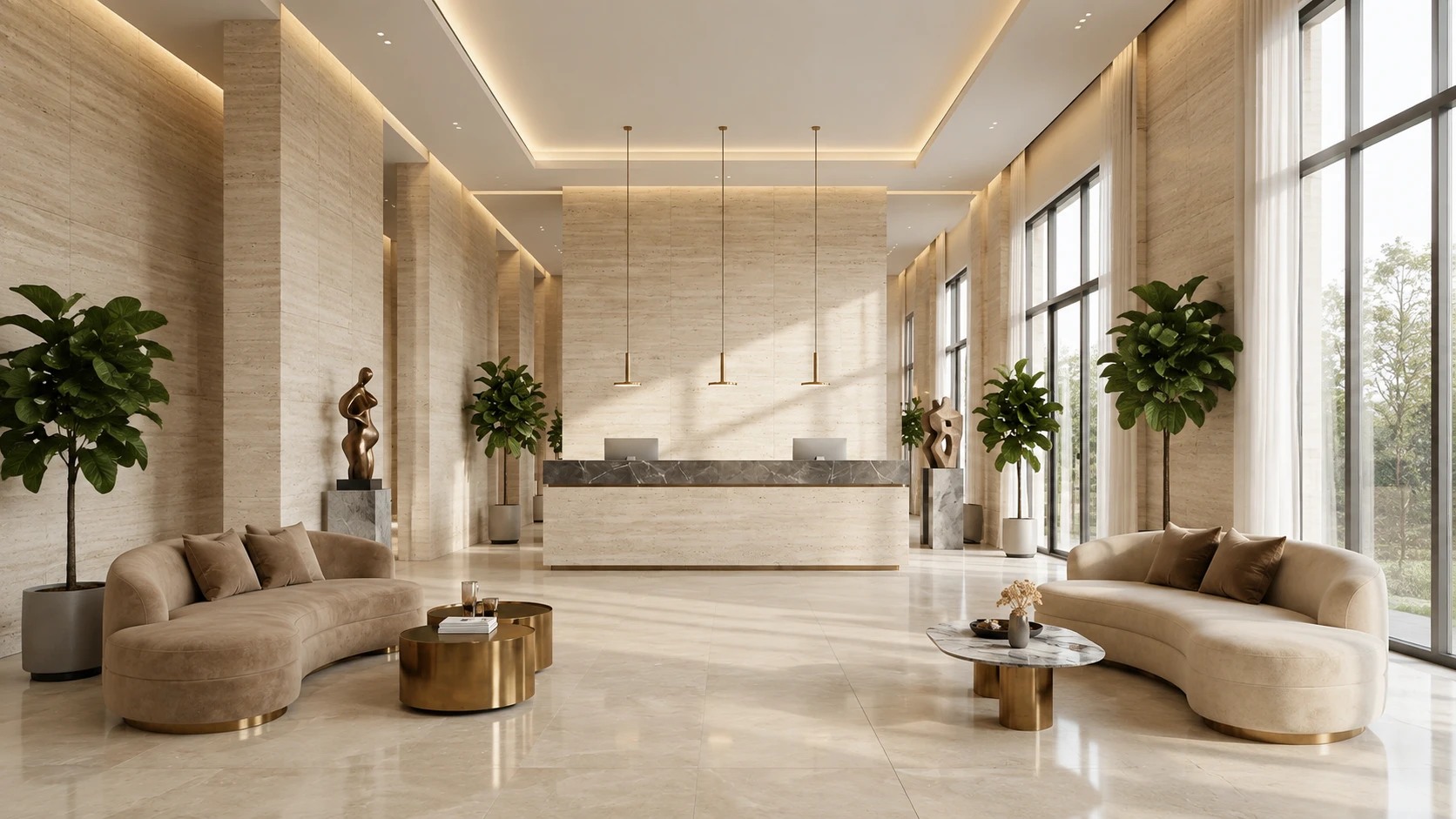 Travertine for luxury interiors in a hotel lobby with wall cladding and stone flooring
