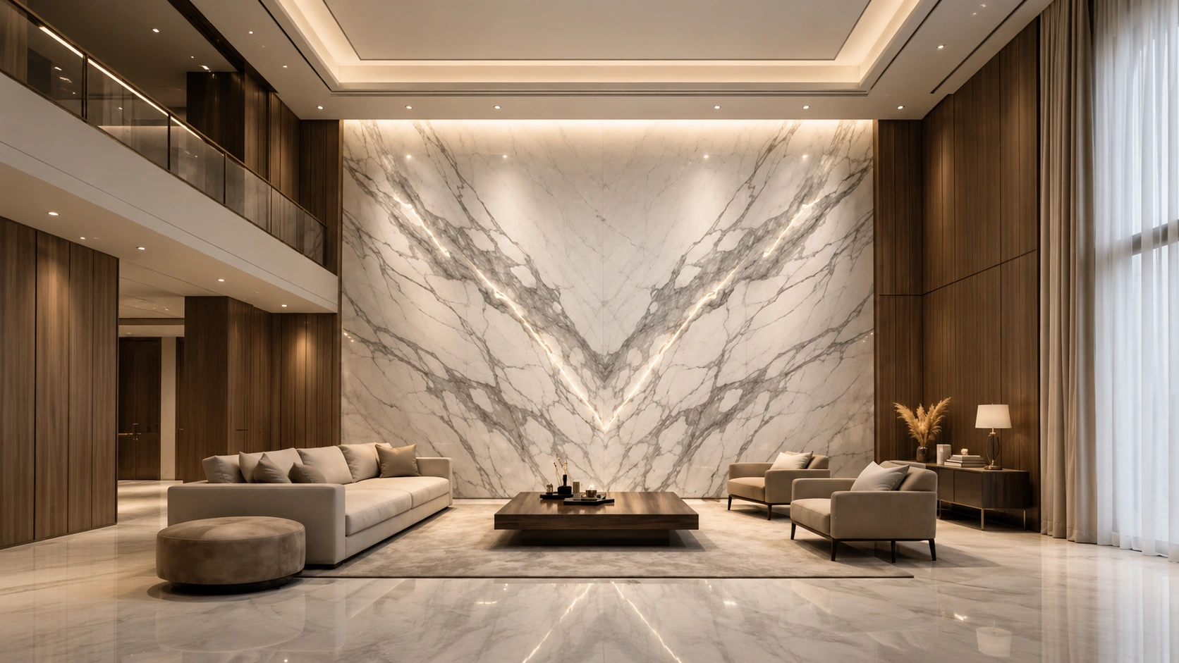 Bookmatched marble walls in a luxury interior with large white marble feature panels