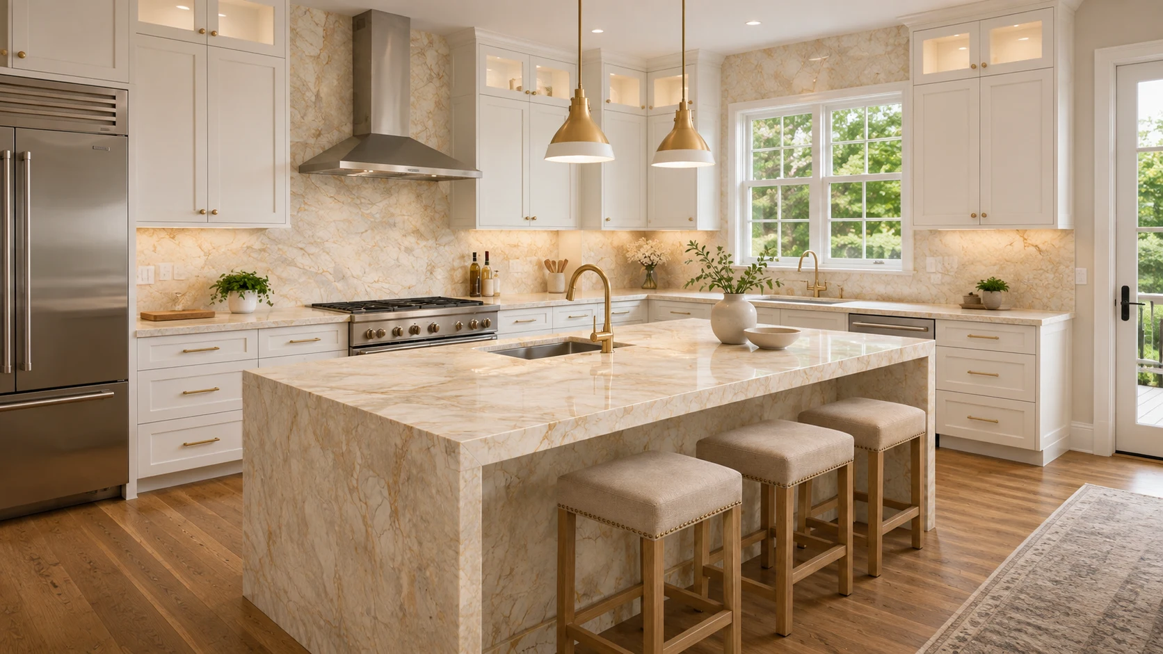 Quartzite countertops for luxury kitchens with Taj Mahal Quartzite island and coordinated cabinetry