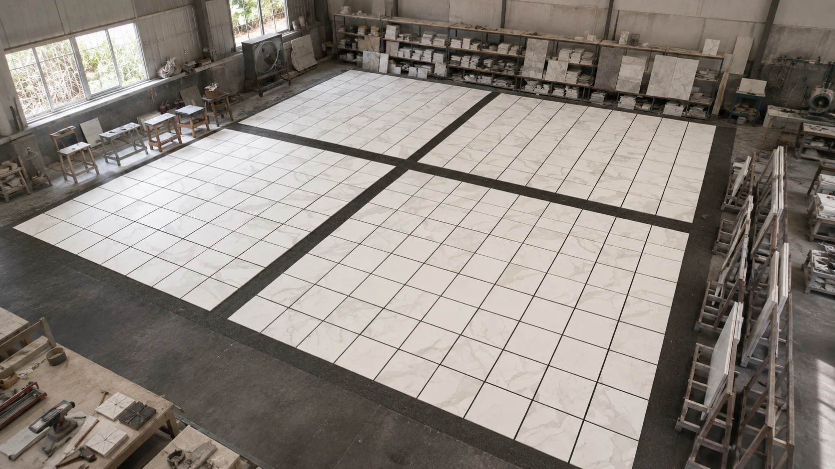 Marble tile dry lay inspection for natural stone flooring in hotel projects