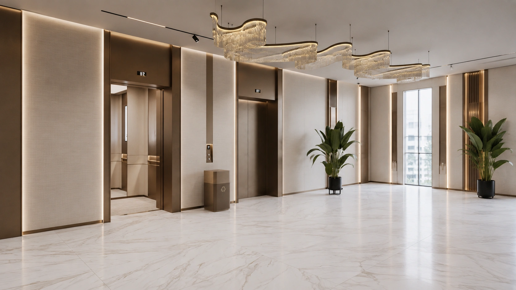 Polished marble flooring in a modern hotel-style elevator lobby