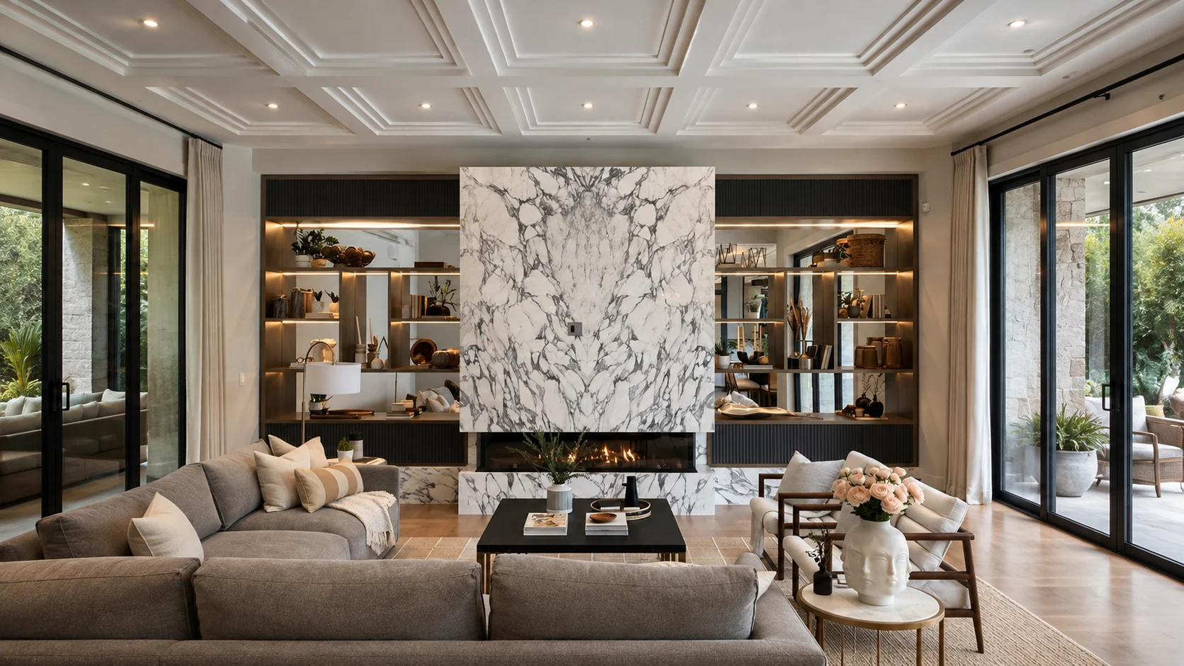 Modern living room with white marble fireplace feature wall for luxury residential interiors