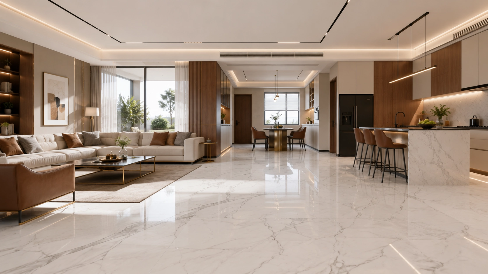 Large area polished natural stone flooring showing continuous marble layout in a luxury interior