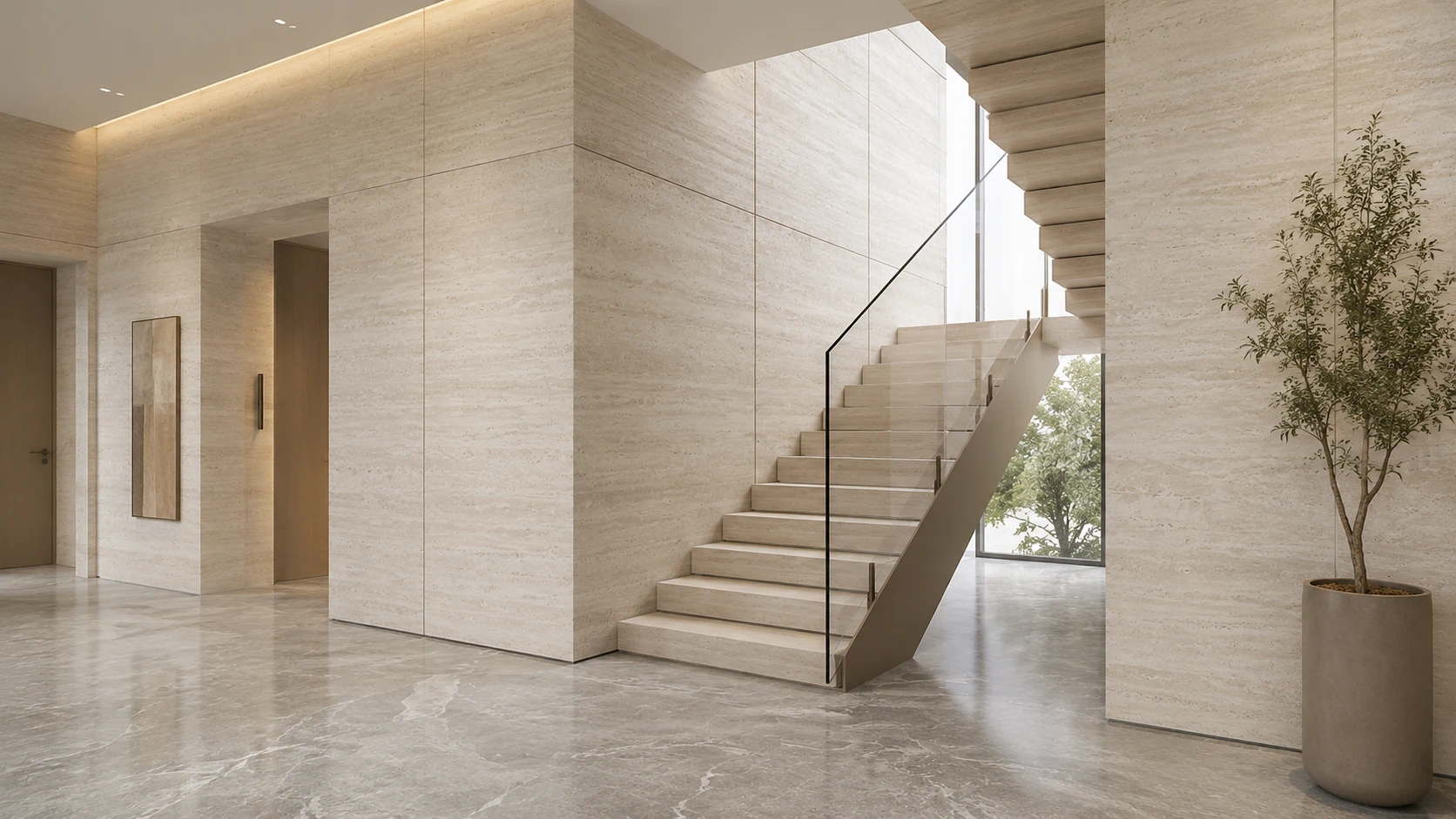 Modern staircase interior with travertine wall cladding and stone steps