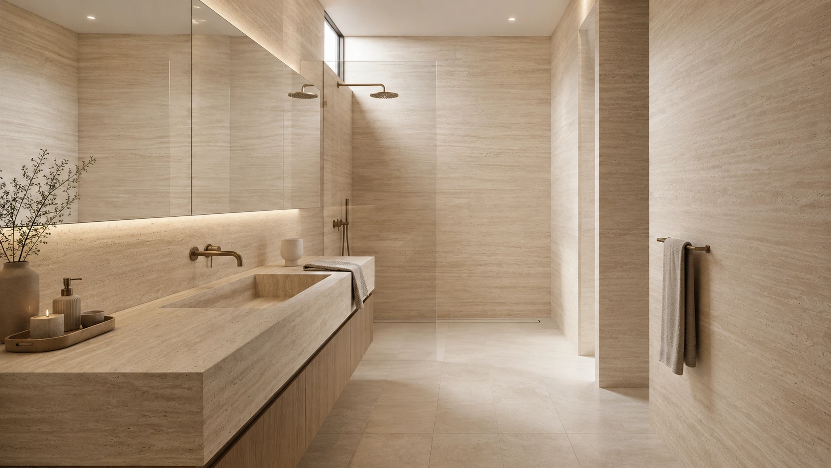 Modern travertine bathroom with stone vanity and full height wall panels