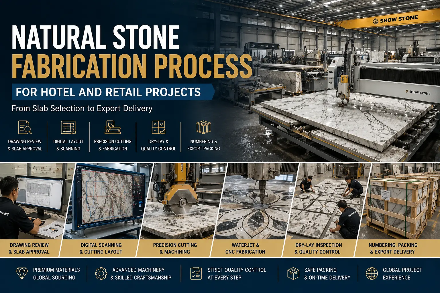 Natural stone fabrication process for hotel and retail projects including slab scanning, precision cutting, CNC fabrication, dry-lay inspection and export packing