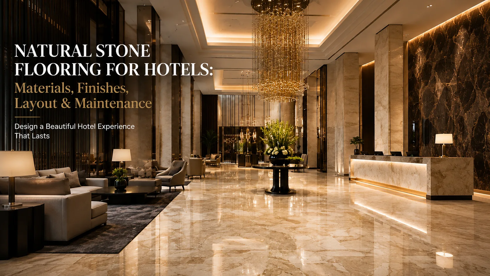 Natural stone flooring in a luxury hotel lobby with polished marble floor, marble reception desk, chandelier, and elegant hospitality interior design