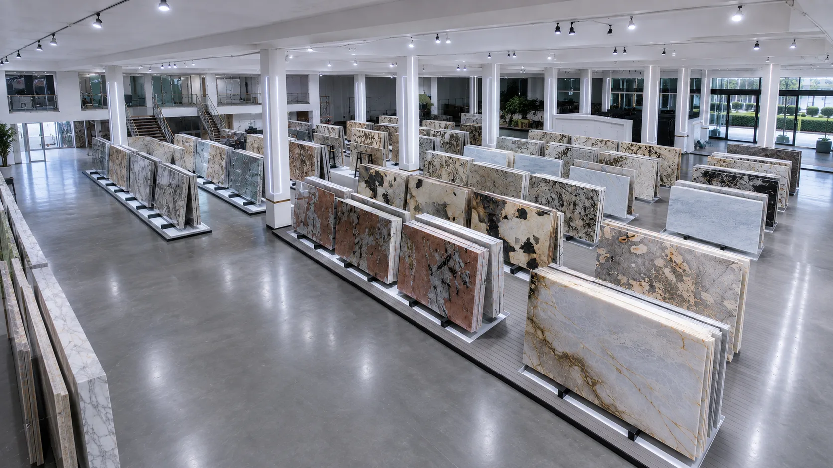 Natural stone slab showroom for hotel flooring material selection and batch coordination