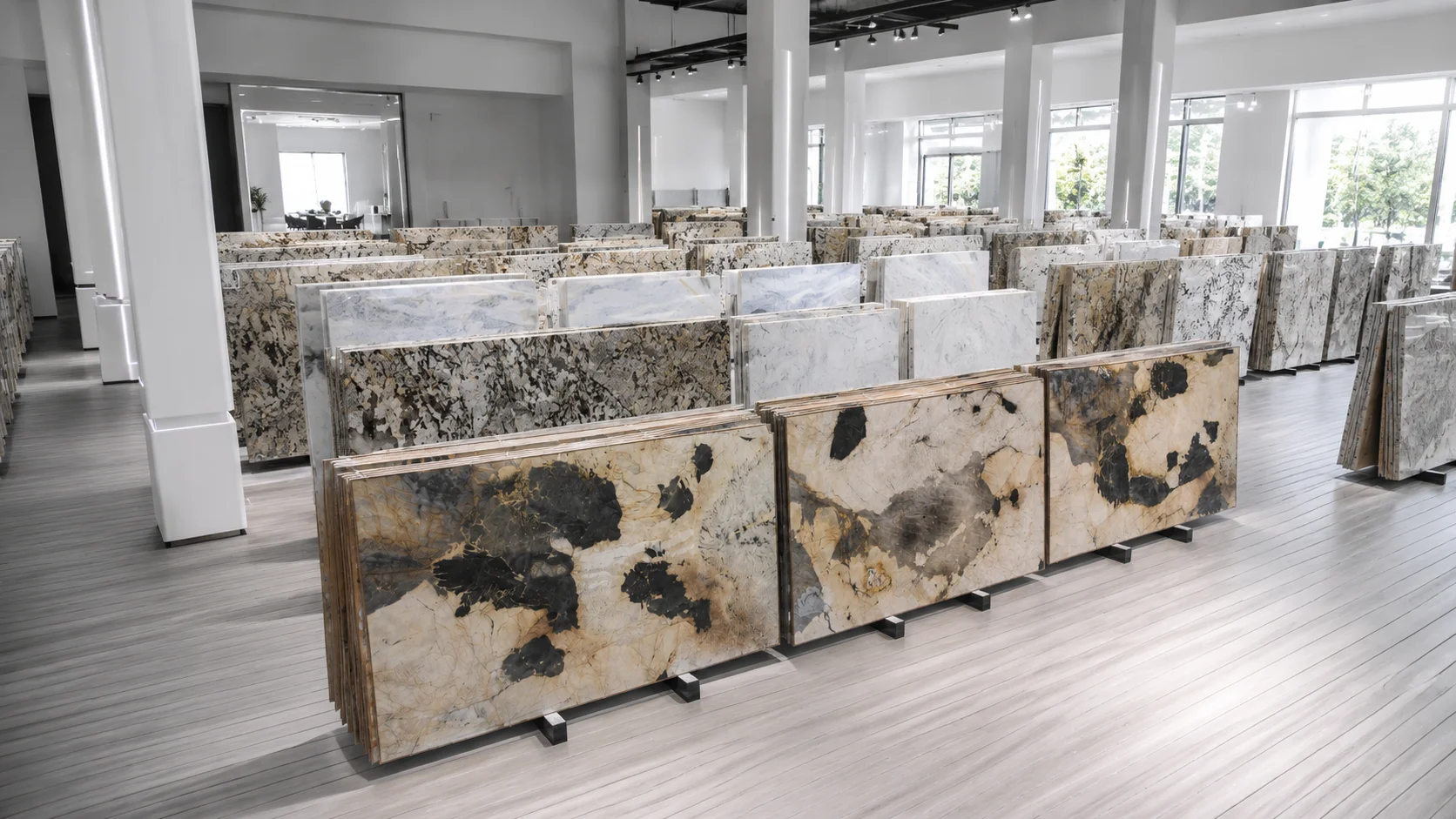 Natural stone slab showroom for selecting marble slabs for bookmatched marble walls