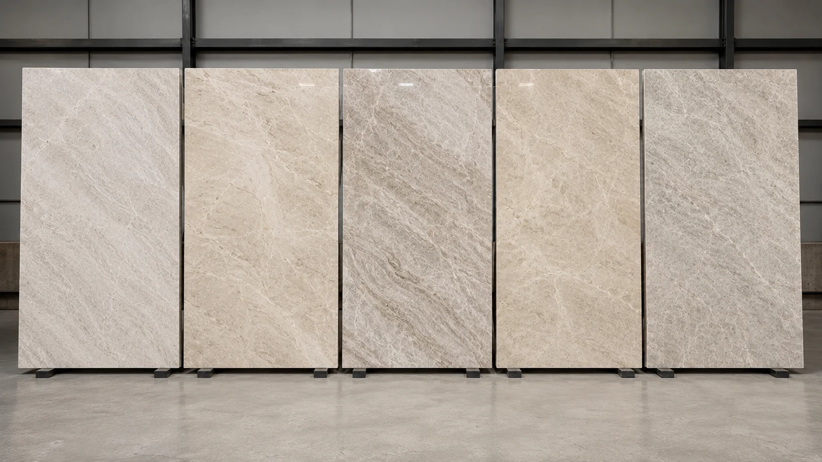 Quartzite Batch Matching Slabs From Light to Dark Quartzite batch matching slabs arranged from light to dark for overseas project selection