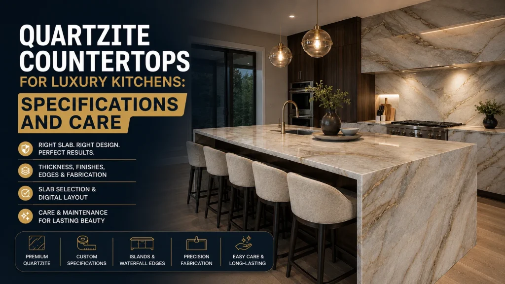 Quartzite countertops for luxury kitchens with waterfall island, full-height backsplash, dark cabinetry and specification care guide
