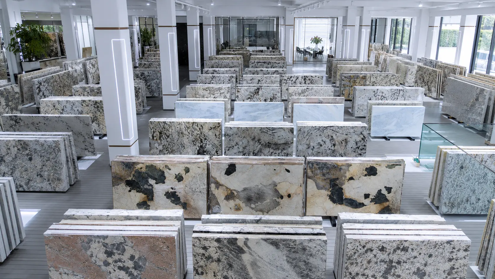 Quartzite Slab Warehouse and Stone Selection Area Buying quartzite from overseas suppliers with actual slabs reviewed in a stone warehouse