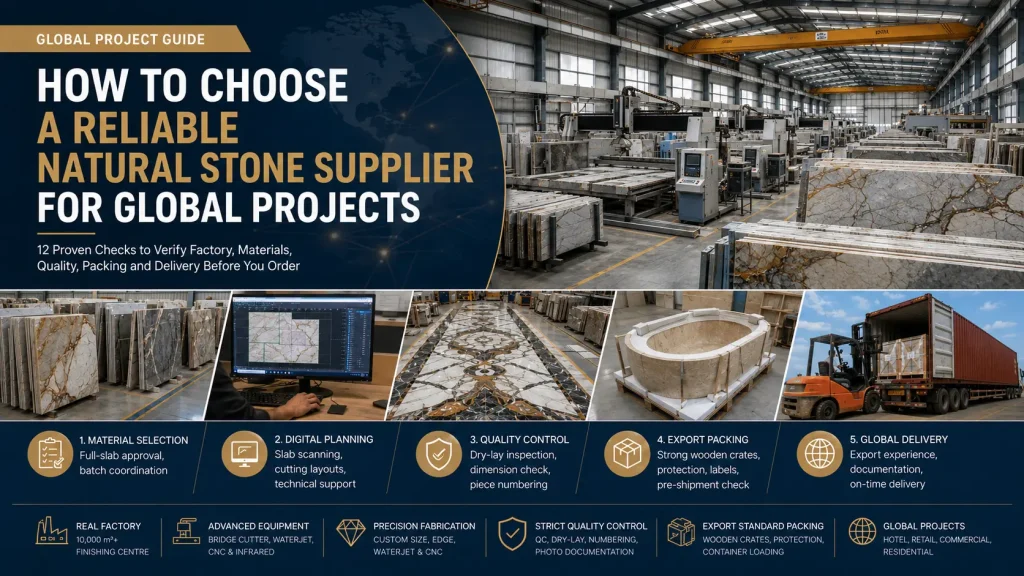 How to choose a reliable natural stone supplier for global projects with factory, material selection, digital planning, quality control, export packing and delivery