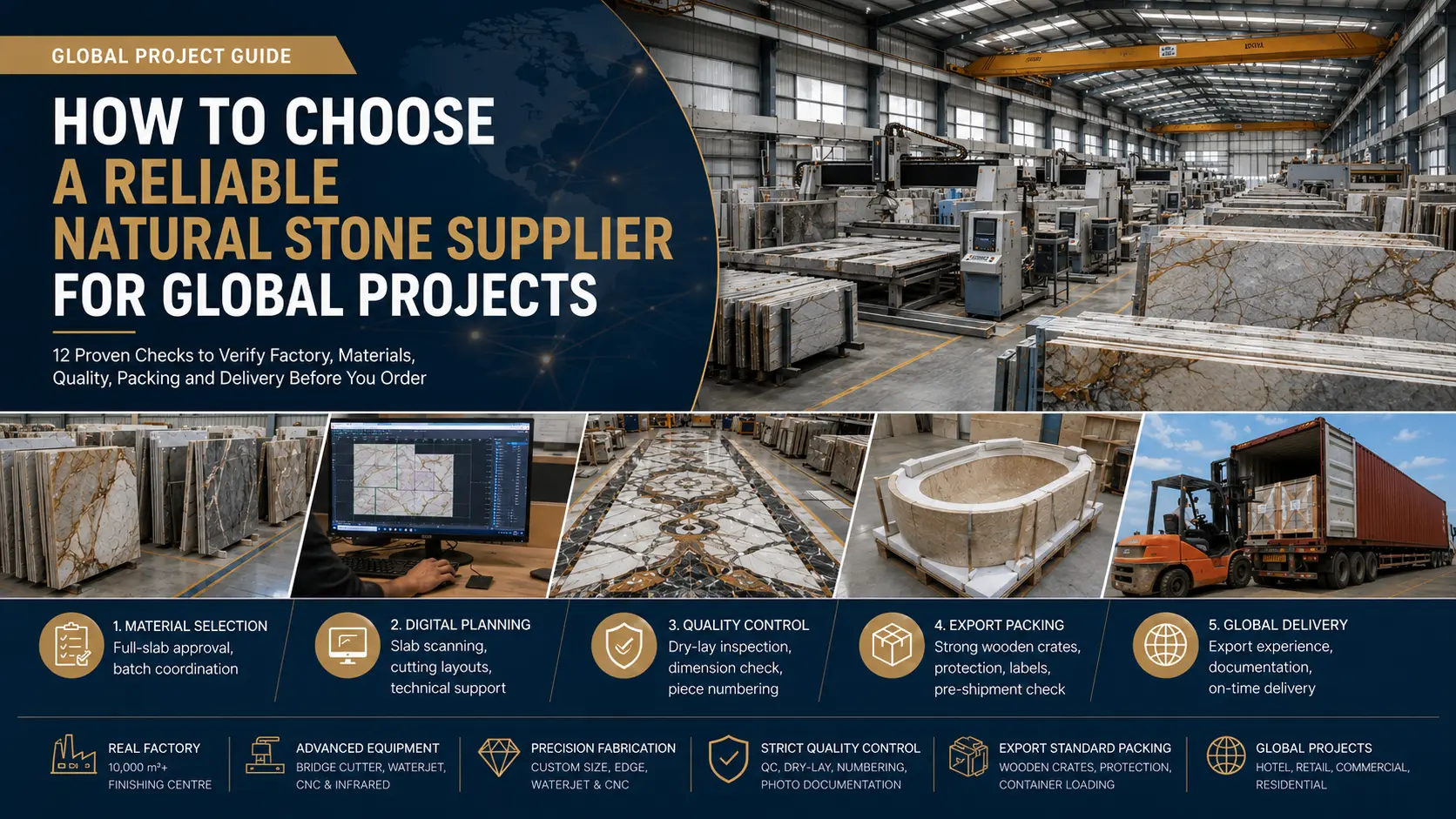 How to choose a reliable natural stone supplier for global projects with factory, material selection, digital planning, quality control, export packing and delivery