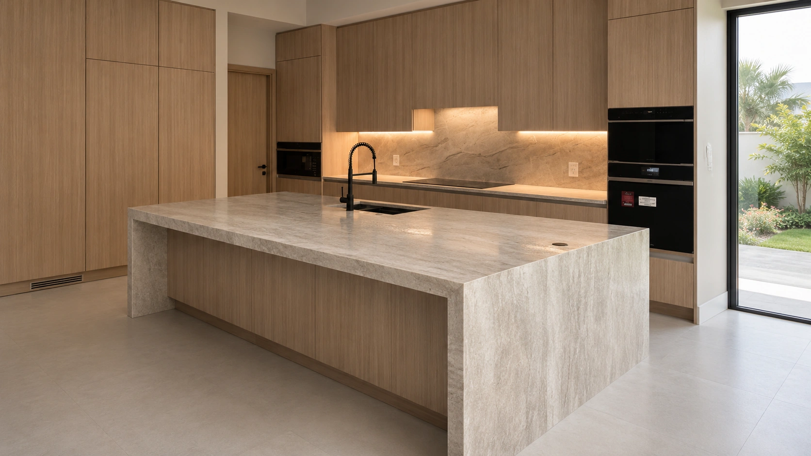 Taj Mahal Quartzite waterfall kitchen island with coordinated natural vein movement