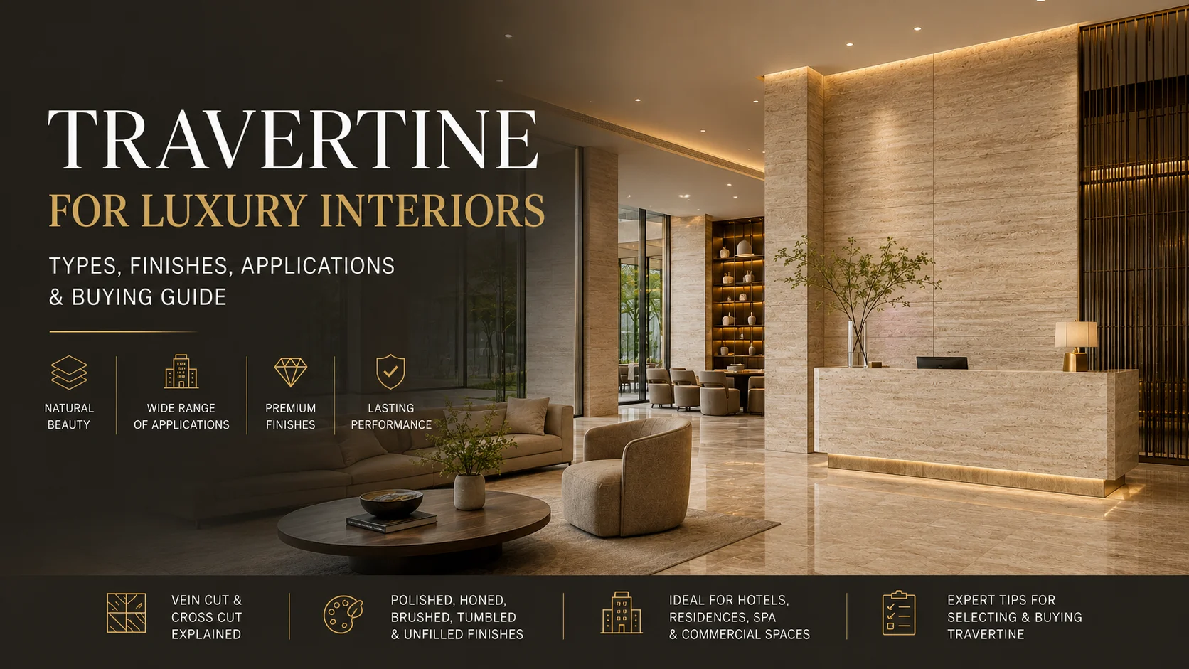 Travertine for luxury interiors in a modern hotel lobby with stone wall cladding, flooring and reception desk