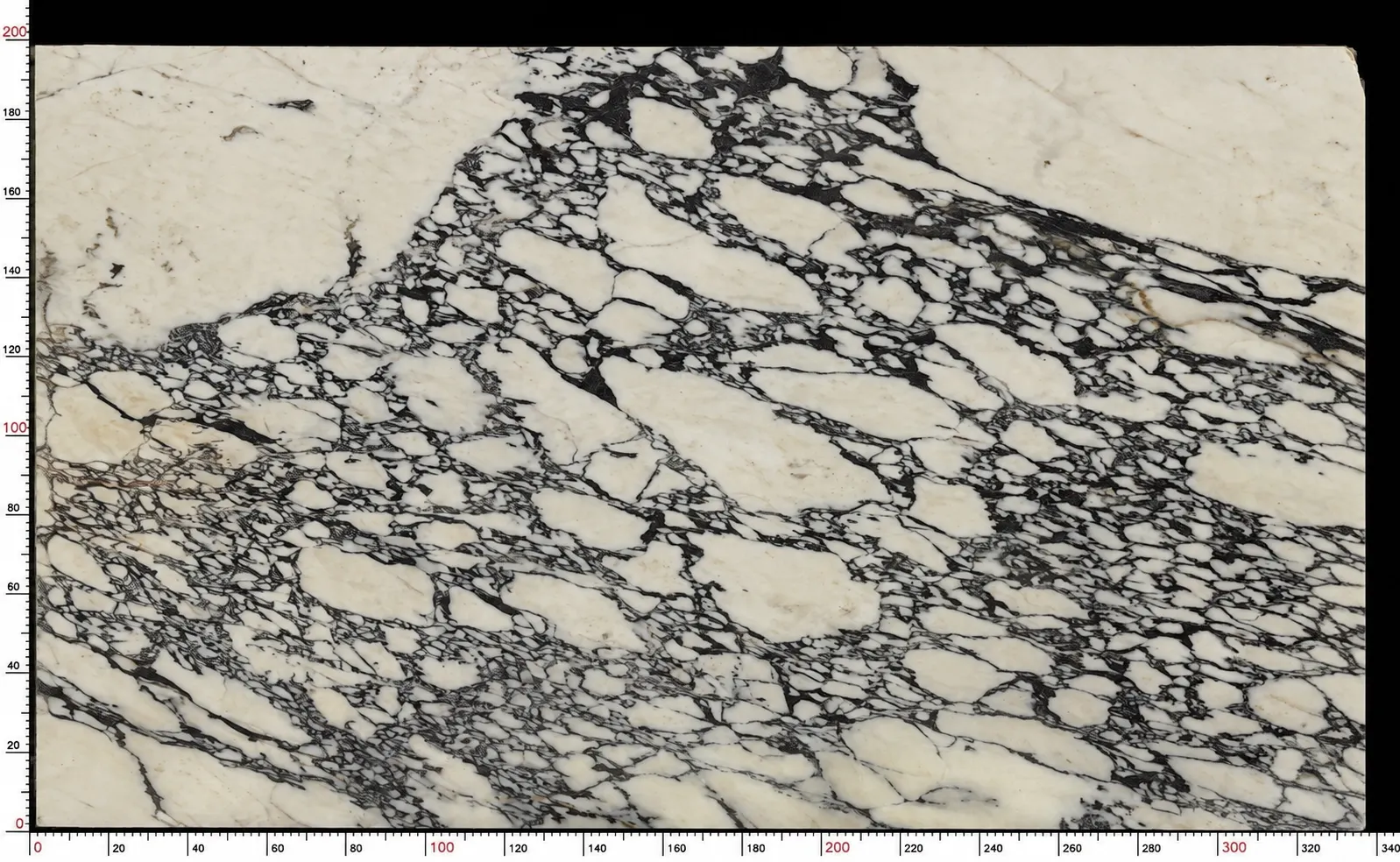 Digitally scanned marble slab for bookmatched wall layout and pattern evaluation