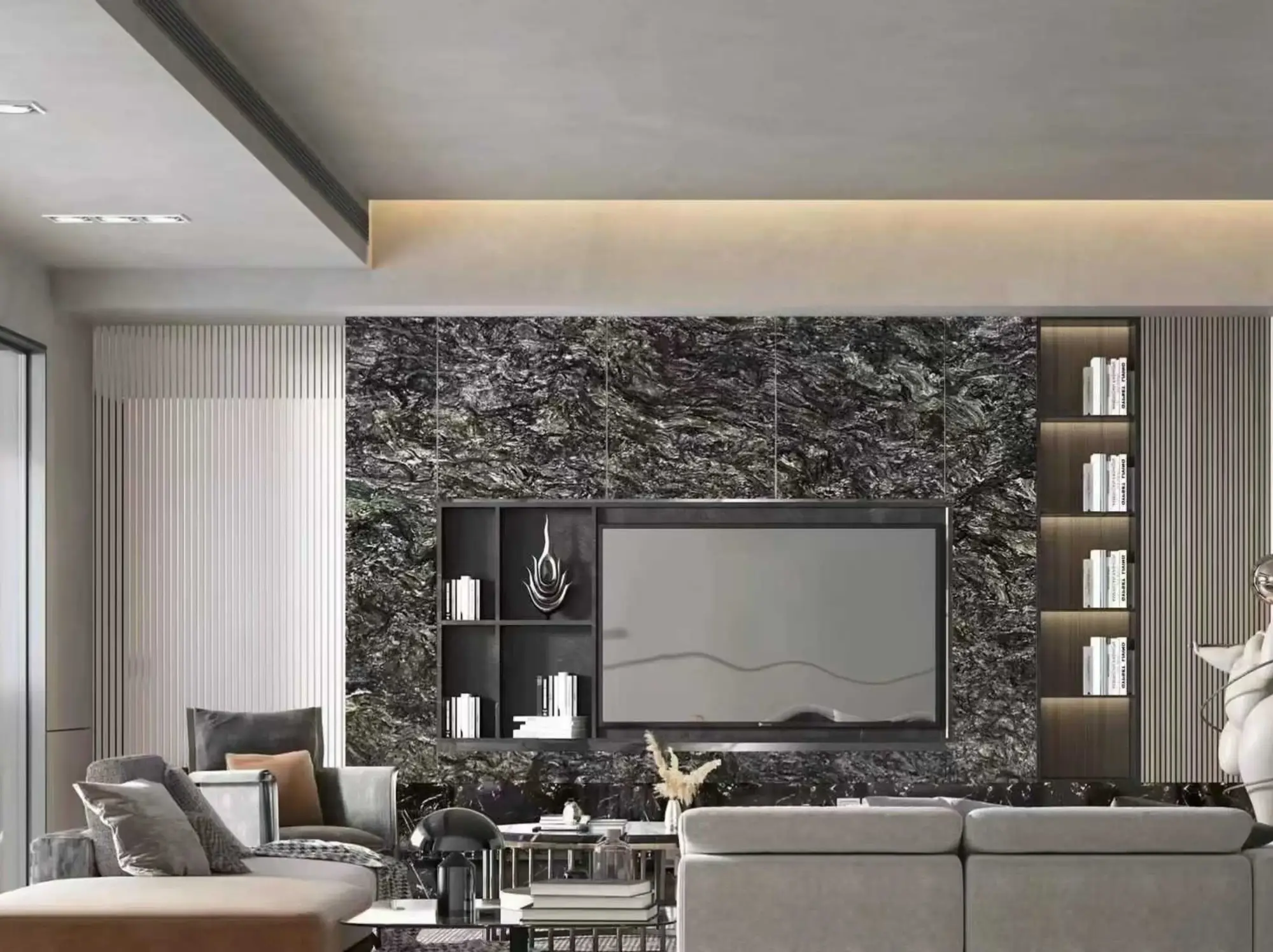 Asterix Black Granite living room tv feature wall application