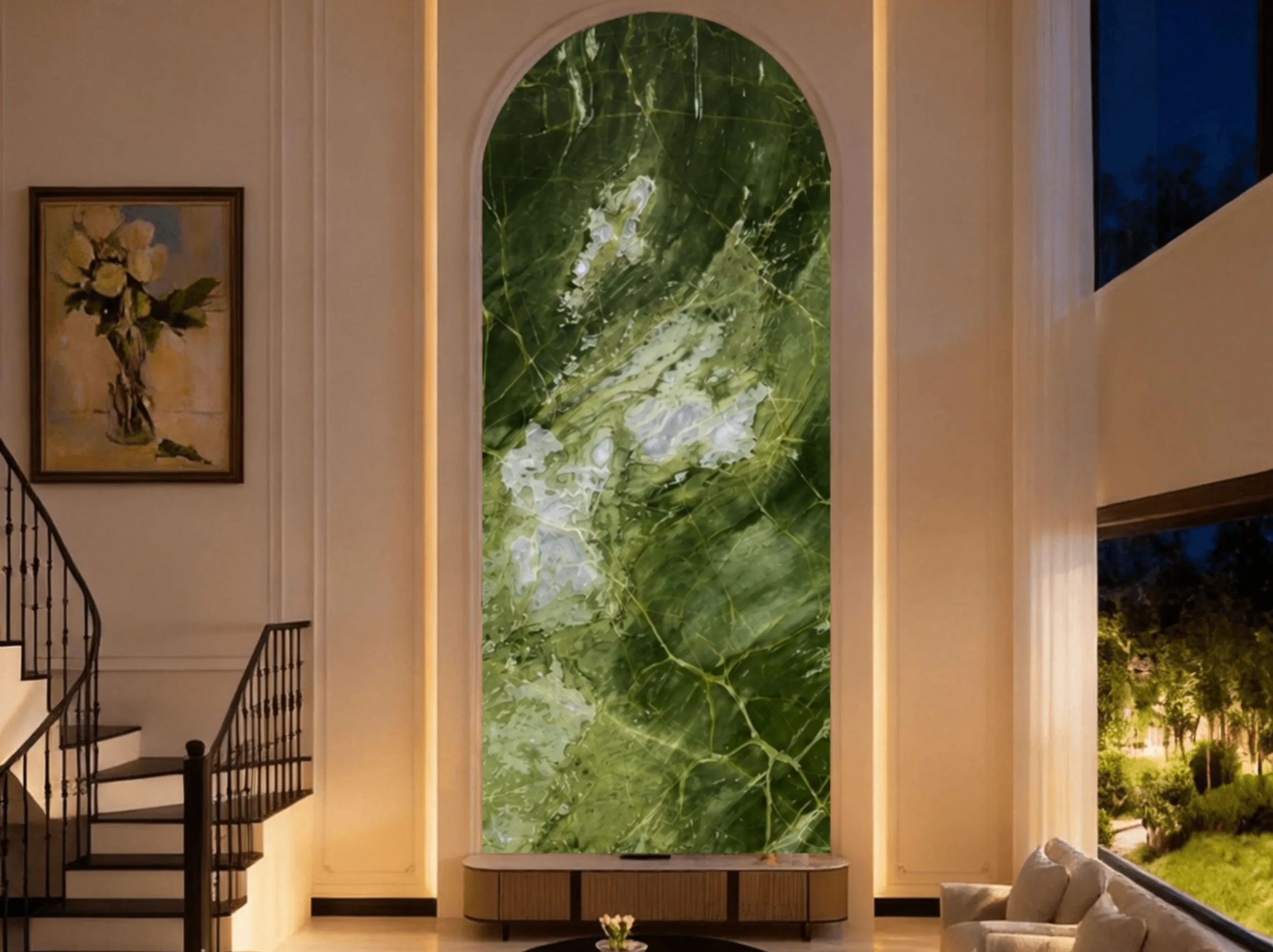 Athens Jade Marble arched staircase feature wall with illuminated green stone cladding