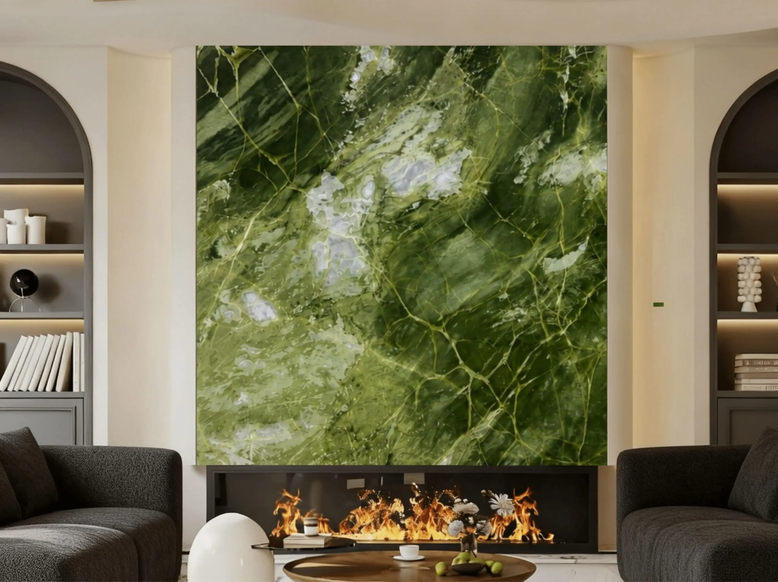 Athens Jade Marble fireplace feature wall with deep green and white natural veining