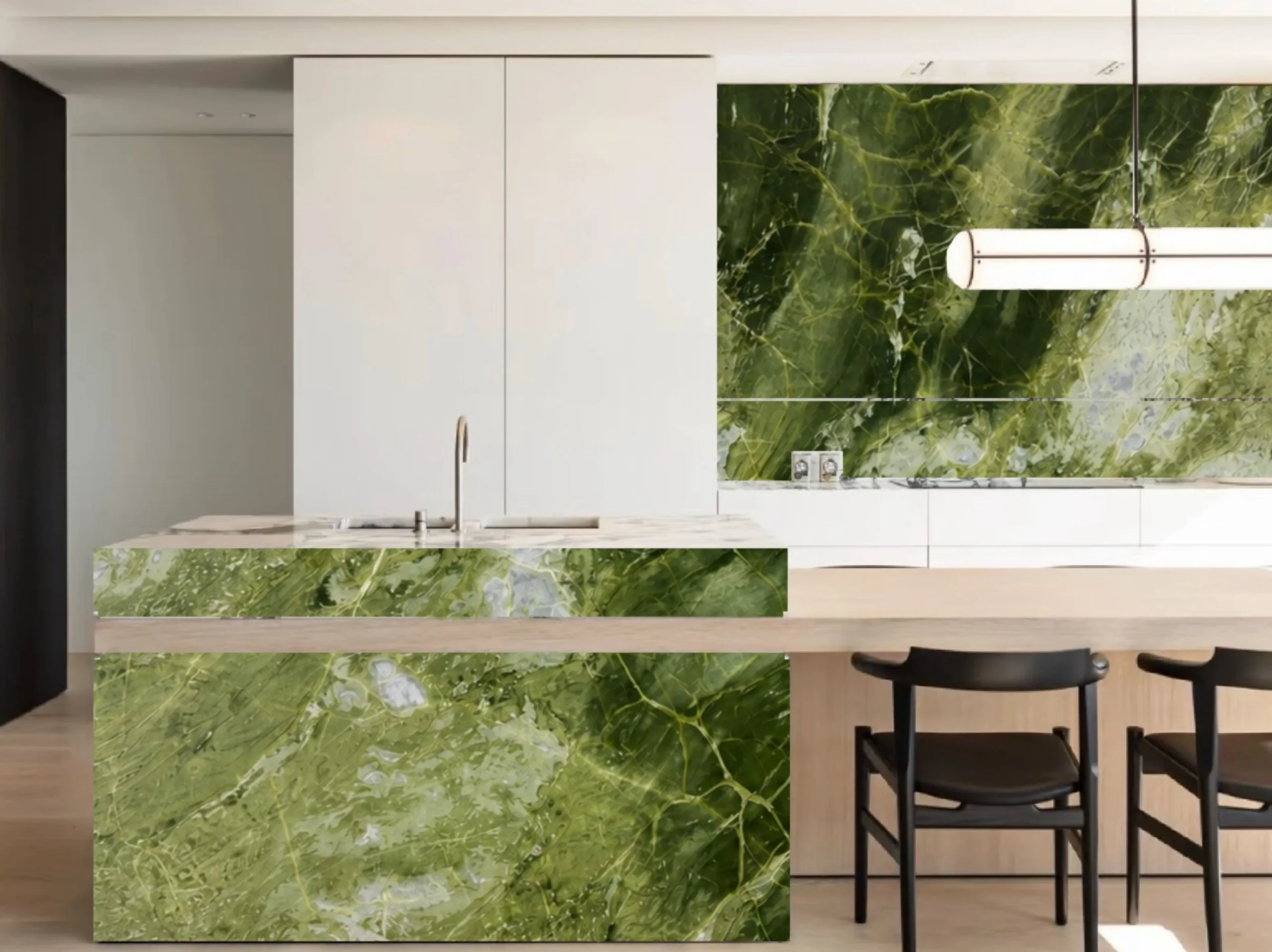 Athens Jade Marble kitchen island and backsplash with coordinated green stone surfaces