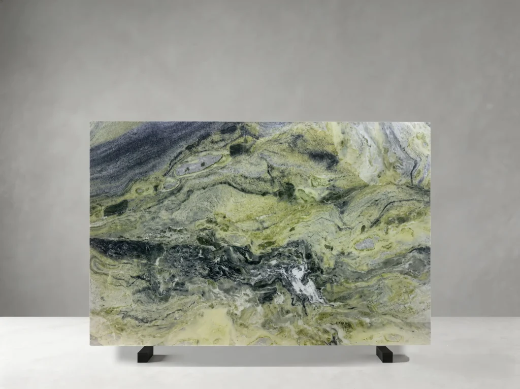 Athens Jade Marble polished slab with layered olive green, white and dark grey movement
