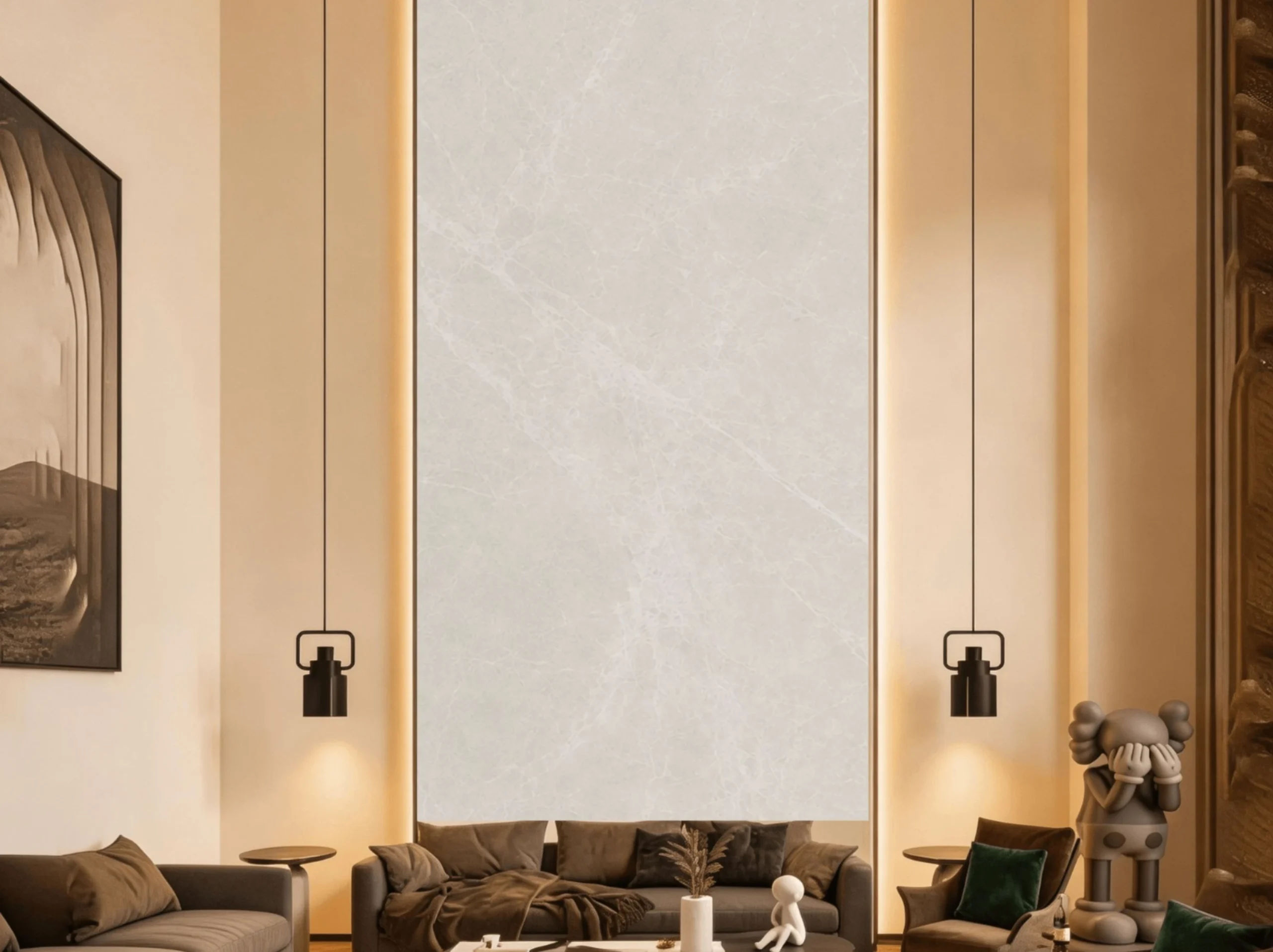 Bailuan Beige Marble double-height living room feature wall