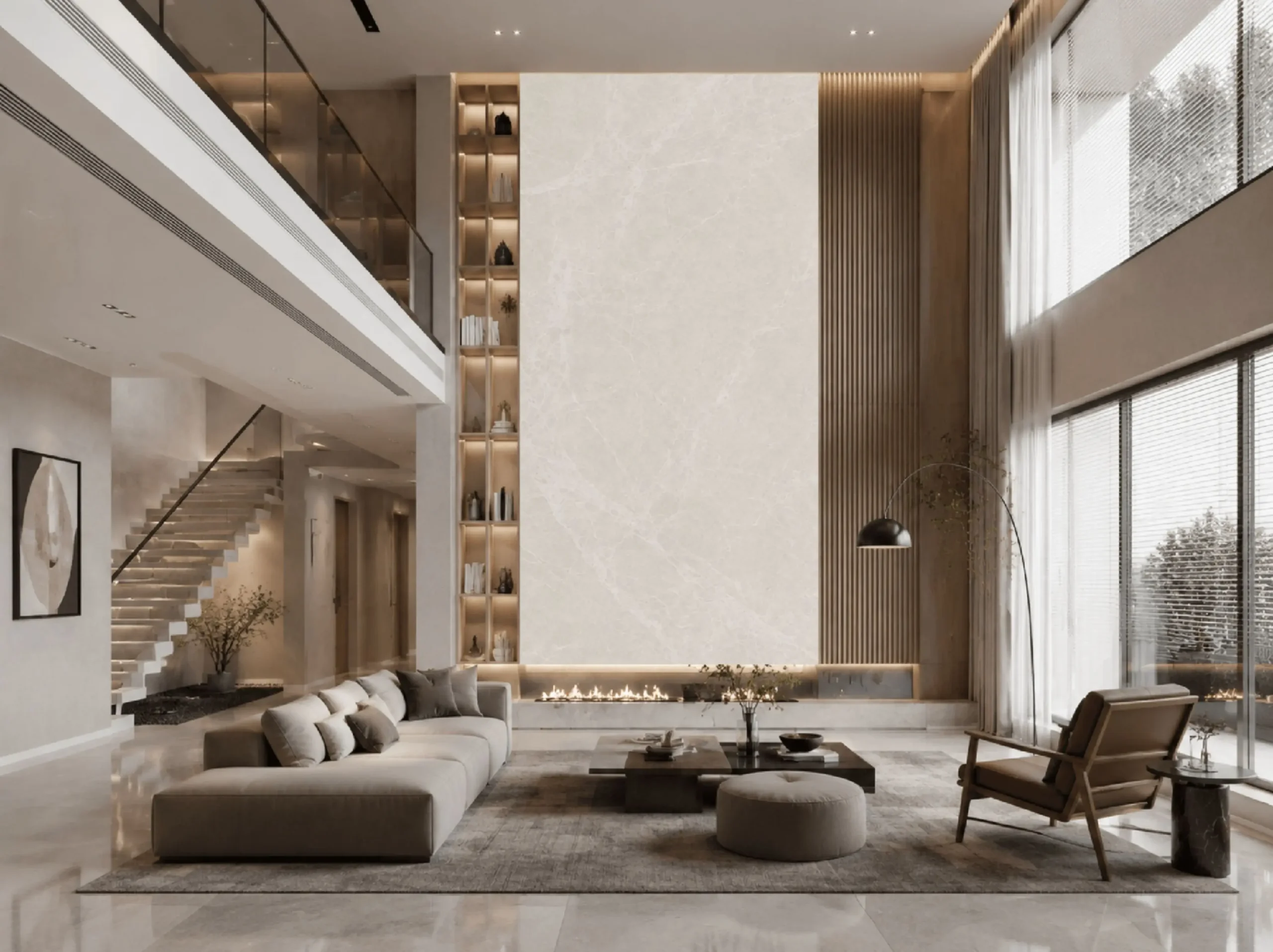 Baiyulan Beige Marble double-height living room fireplace feature wall