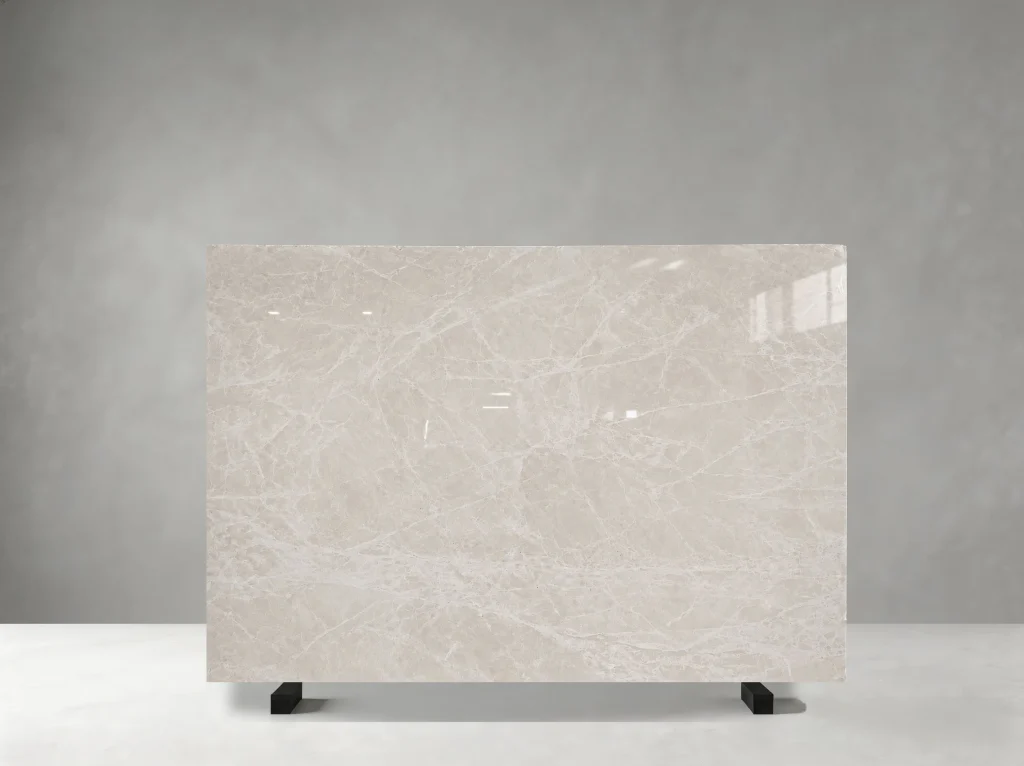 Baiyulan Beige Marble full slab showing warm ivory-beige and soft cream tones with delicate white veining, cloudy mineral movement and gentle tonal transitions