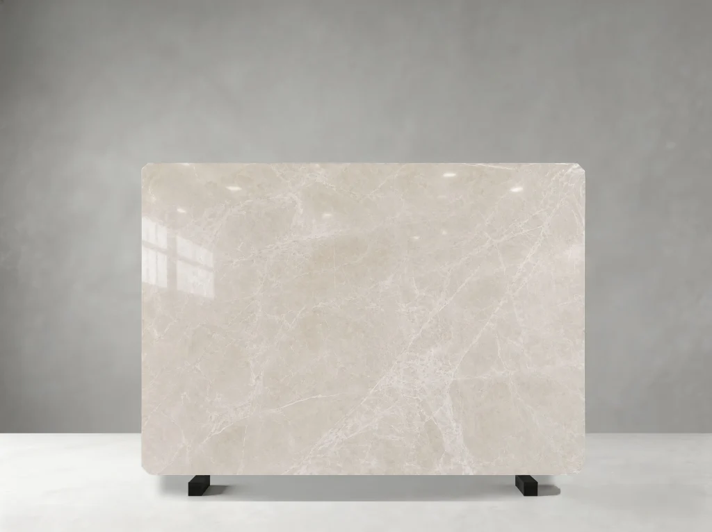 Baiyulan Marble full slab showing pale warm greige, ivory and light beige tones with slender white veins and soft mineral clouds across a calm background