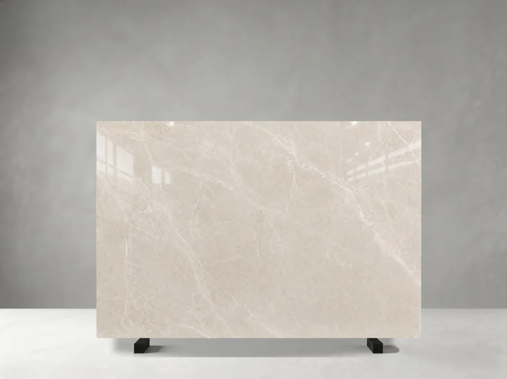 Bayiluyan Beige Marble full slab showing soft beige, pale taupe and light cream tones with fine diagonal pale veins with subtle cloudy crystalline movement