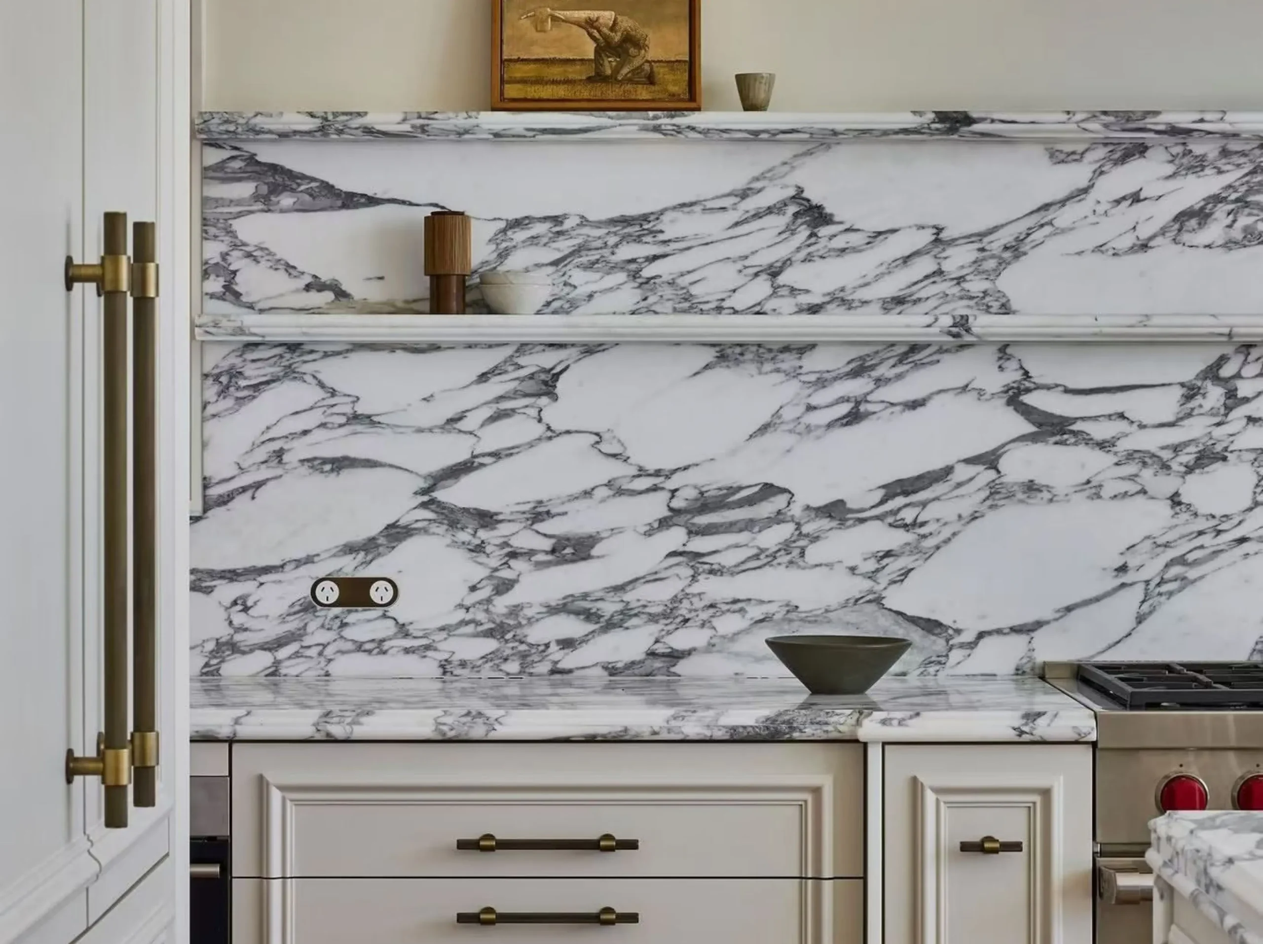 Bianco Arabescato Marble kitchen countertop and full height backsplash for a luxury interior project