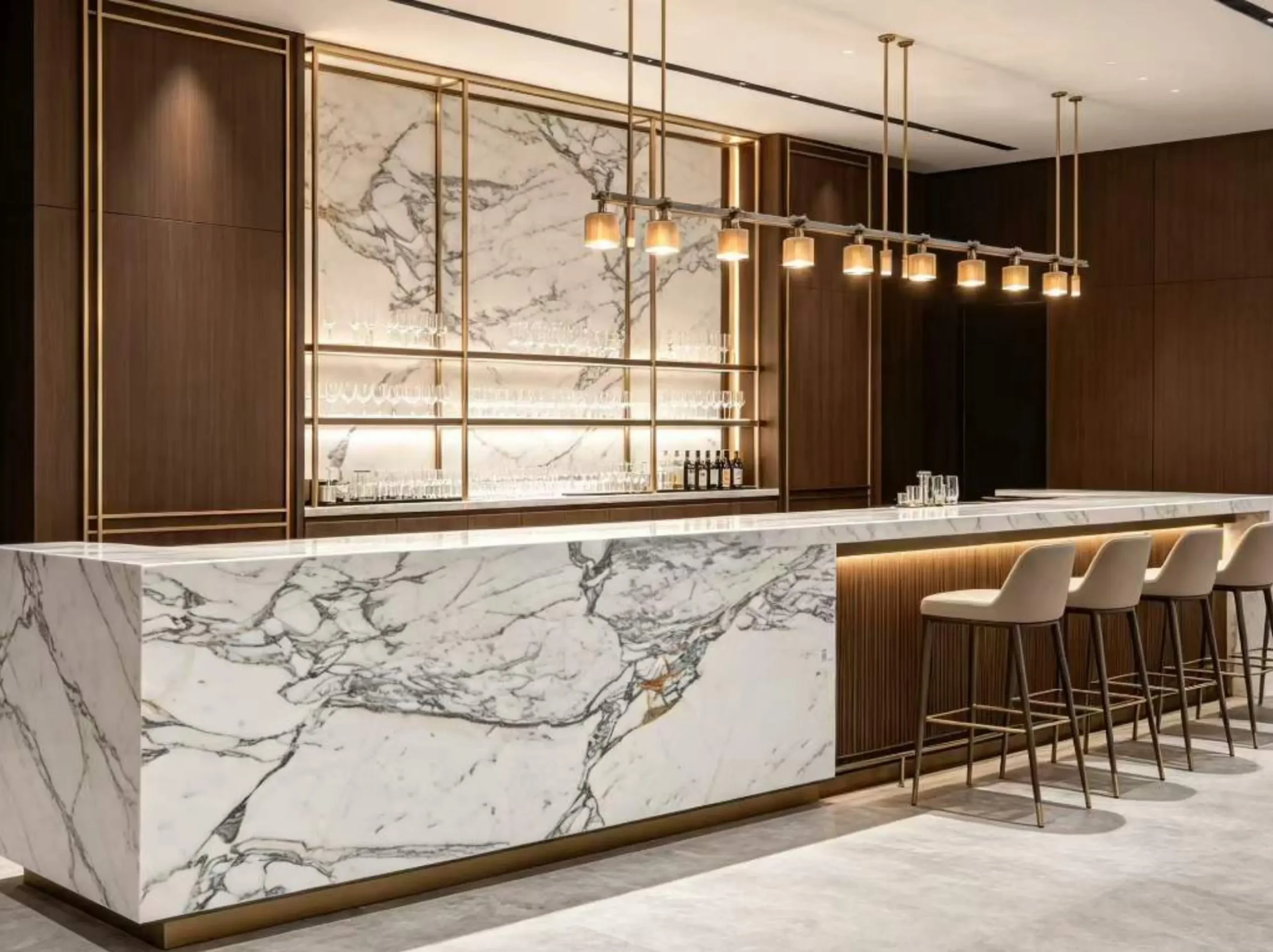 Bianco Arabescato Marble luxury bar counter and back bar wall for a luxury interior project