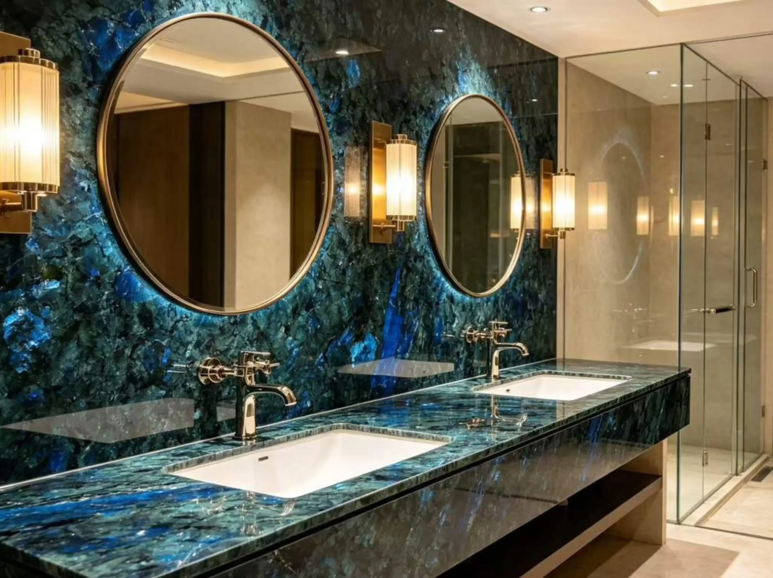 Blue Lemure Granite bathroom vanity countertop and wall cladding for a luxury interior project