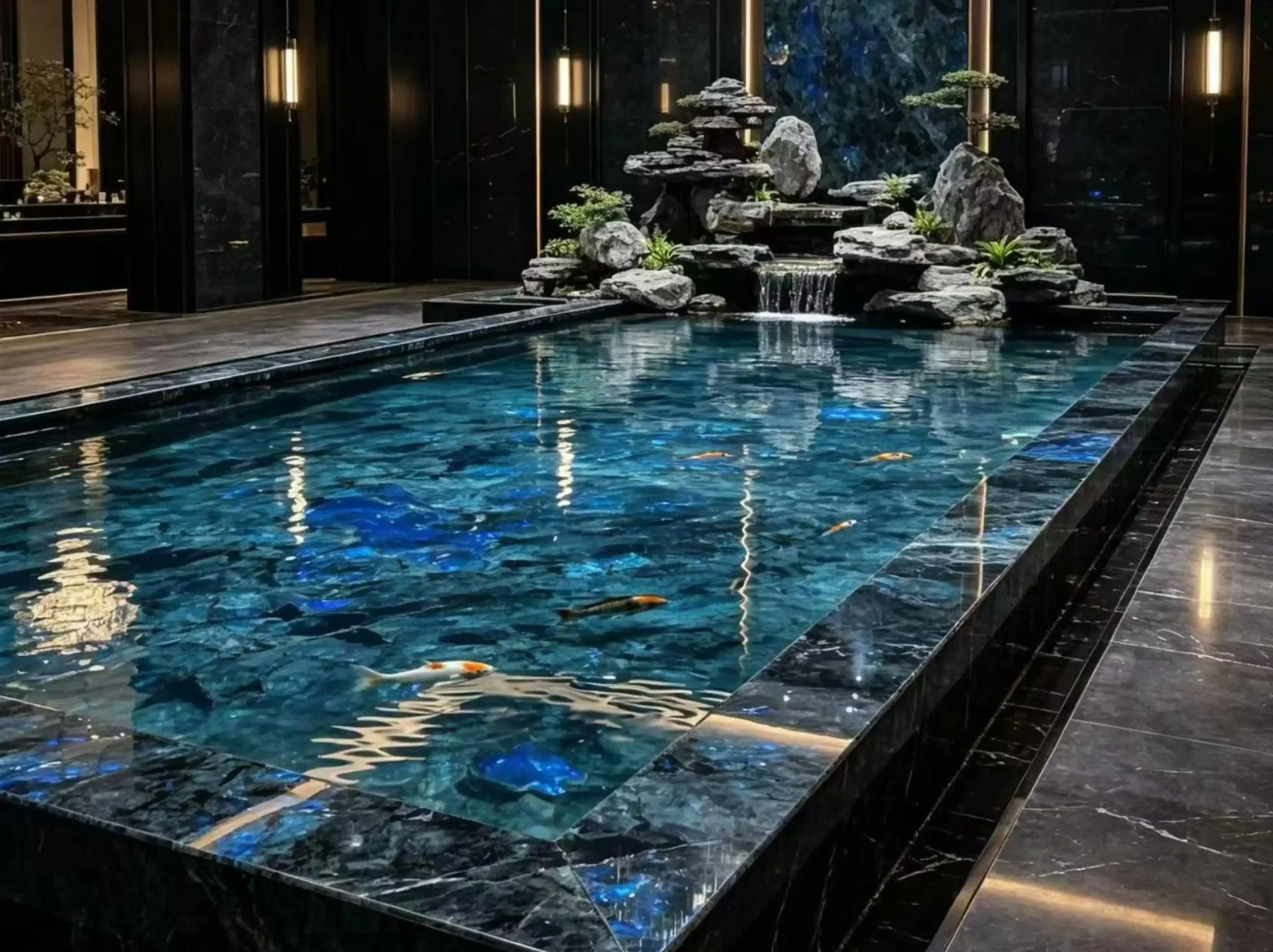 Blue Lemure Granite indoor koi pond water feature for a luxury interior project