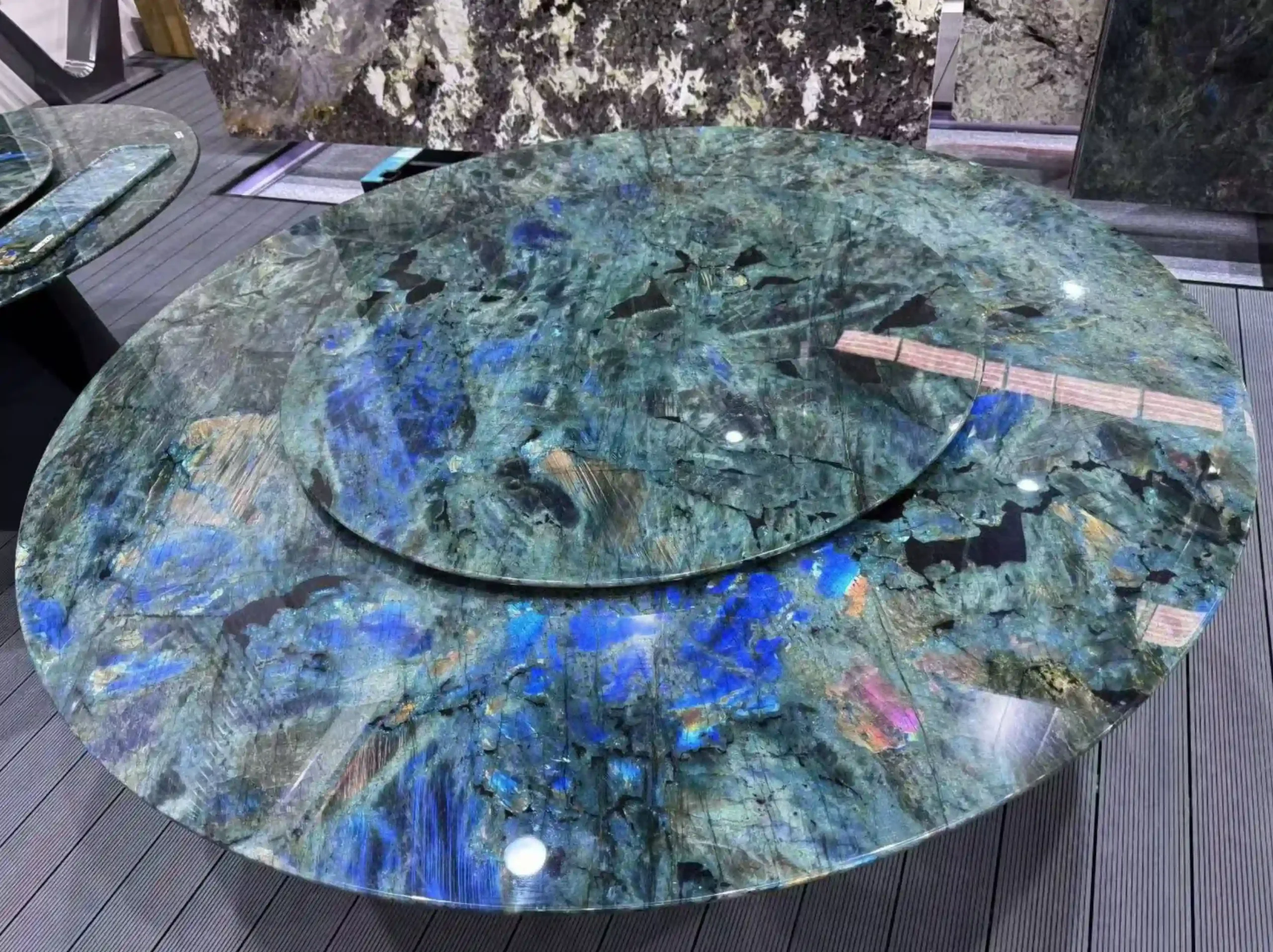 Blue Lemure Granite round dining tabletop with lazy susan for a luxury interior project