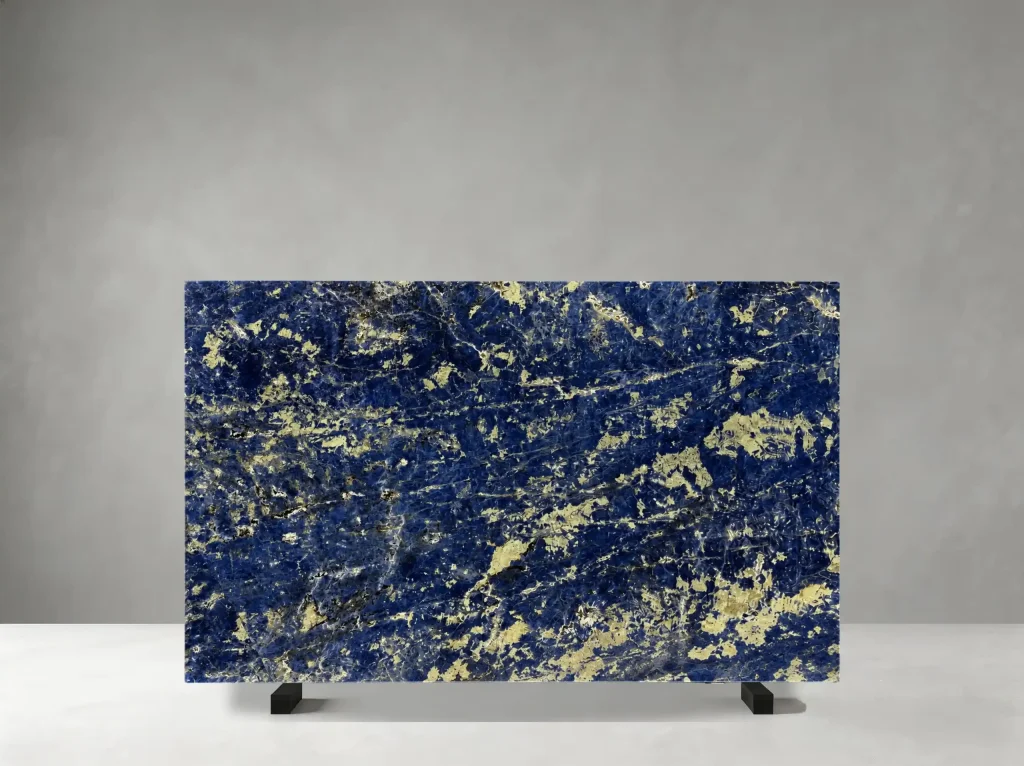 Blue Sodalite Stone polished slab with deep cobalt blue field, white clouding and golden mineral accents