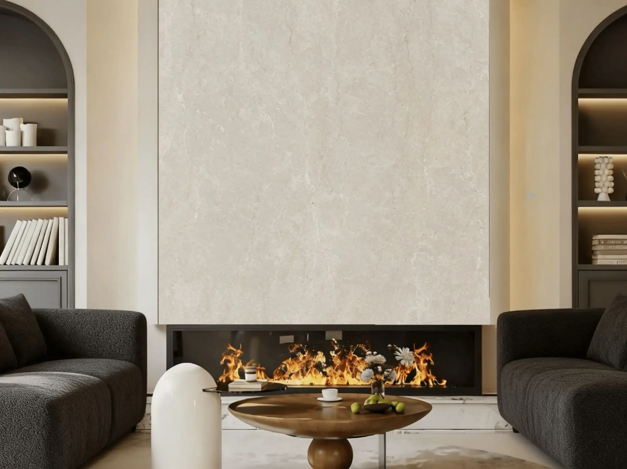 Botticino Classico Marble fireplace feature wall application