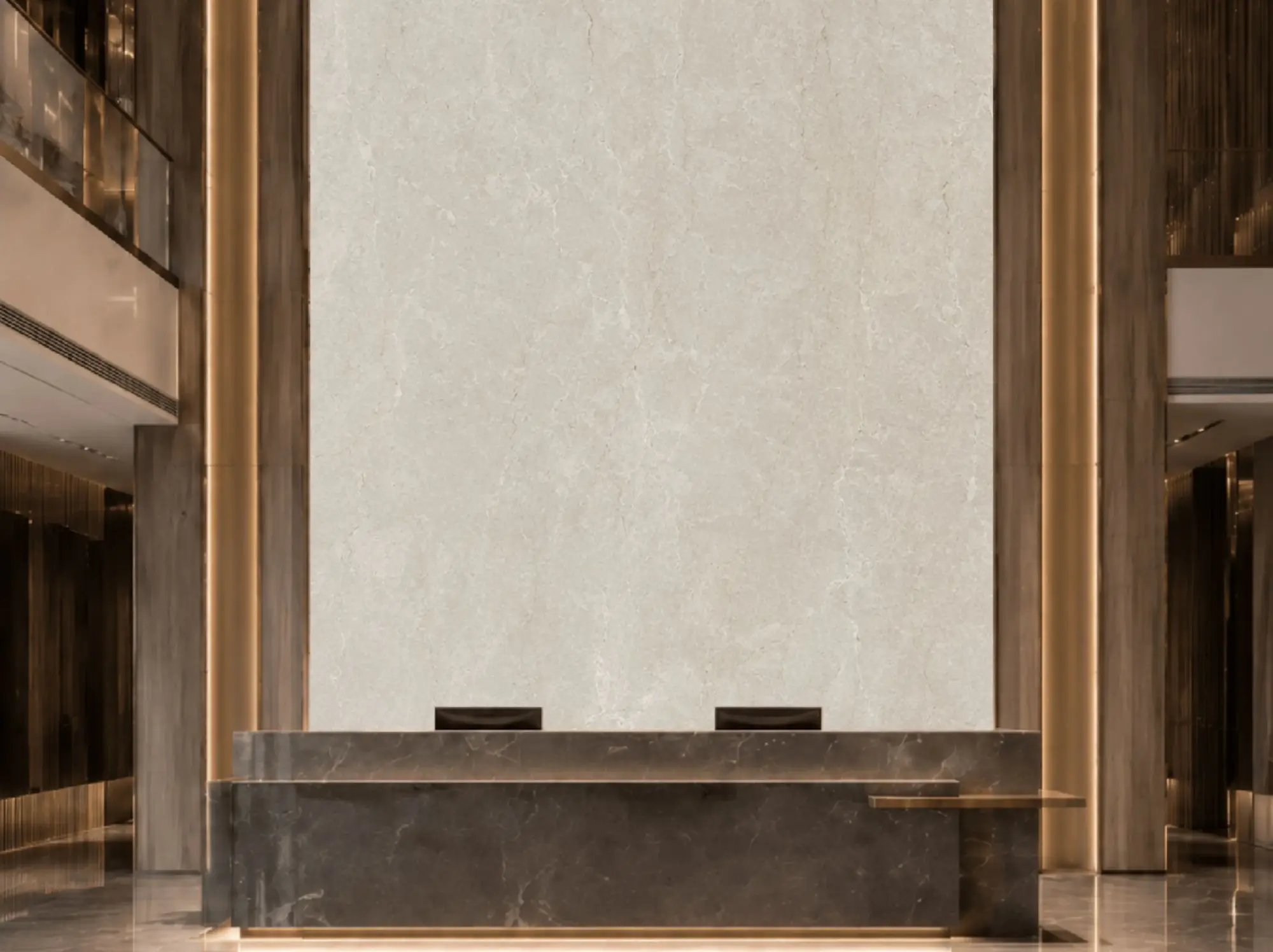 Botticino Tipo Classico Marble reception desk feature wall application